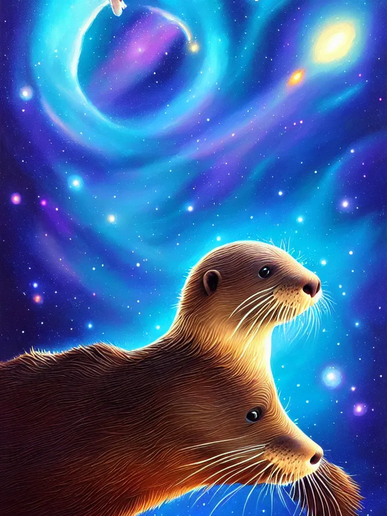 Prompt: a portrait of an otter swimming through the galaxy, detailed, digital painting, artstation, concept art, art by rhads, art by miyazaki