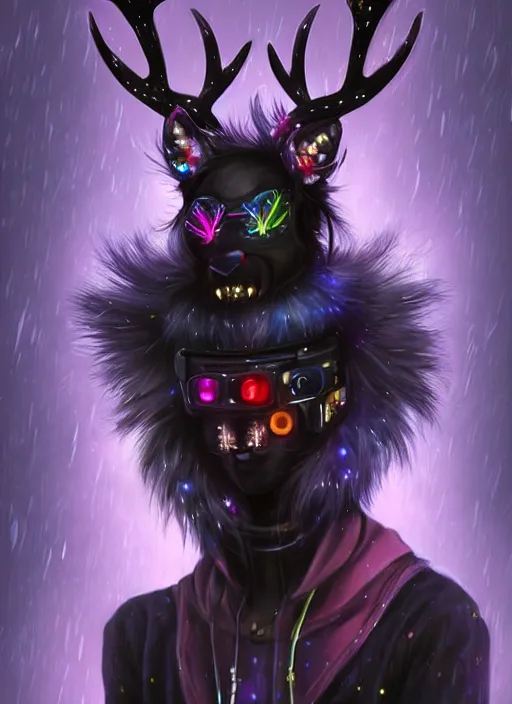 Image similar to award winning beautiful portrait commission of a male furry anthro Black Reindeer cyberpunk fursona with a tail, wings, wings, wings and a cute beautiful attractive detailed furry face wearing a crown, stylish black and rainbow galaxy clothes, outline, in a cyberpunk city at night while it rains. Character design by charlie bowater, ross tran, artgerm, and makoto shinkai, detailed, inked, western comic book art