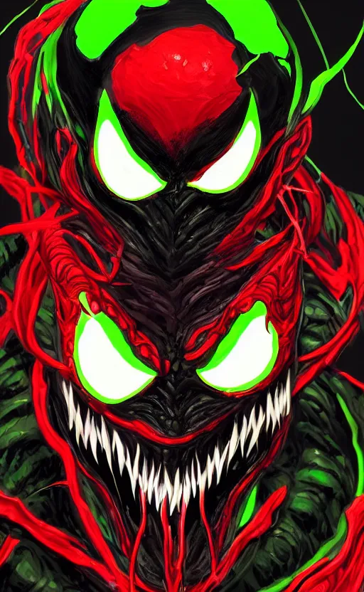 Image similar to portrait of venom as the green goblin, black and red, dynamic lighting, cinematic, ultra detailed, trending on art station, stunning visuals, creative, fantasy concept art