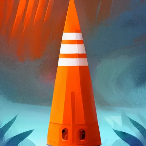 Image similar to great white shark with a conical orange traffic cone orange traffic cone orange traffic cone instead of a fin - ron cheng & alphonse mucha, highly detailed, digital painting, ray tracing, concept art, illustration, smooth sharp focus, intricate, symmetry, artstation,