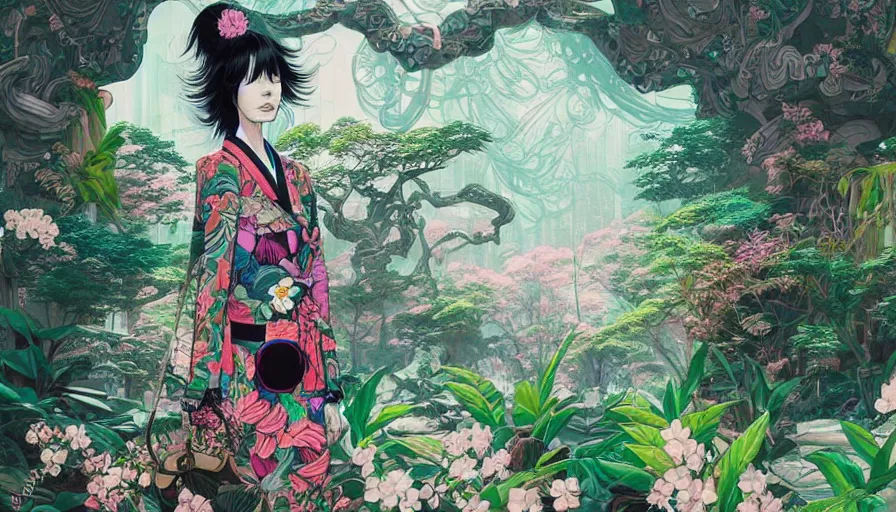 Image similar to a digital painting of a woman wearing gucci exploring a magical japanese temple, lush plants and flowers, eco - cyberpunk art by james jean, cgsociety, retrofuturism, anime aesthetic, chromatic, iridescent, uhd