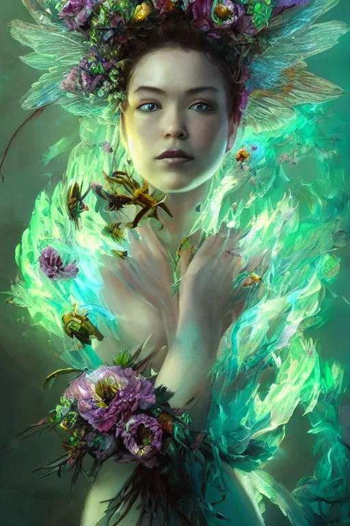 Image similar to beautiful girl necromancer, witch - doctor exploding into flowers fire crystal dress, angels, 3 d render, green magic, hyper realistic detailed portrait, holding electricity and birds, ruan jia, wlop. scifi, fantasy, magic the gathering, hyper detailed, octane render, concept art by artgerm, peter mohrbacher