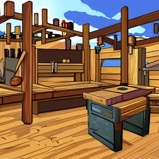 Prompt: Carpentry shop video game background