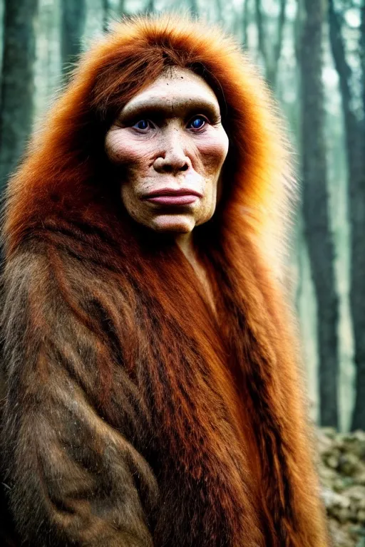 Image similar to a professional portrait photo of a neanderthal woman in the forest in winter, mud on face, ginger hair and fur, extremely high fidelity, natural lighting, still from the movie quest for fire