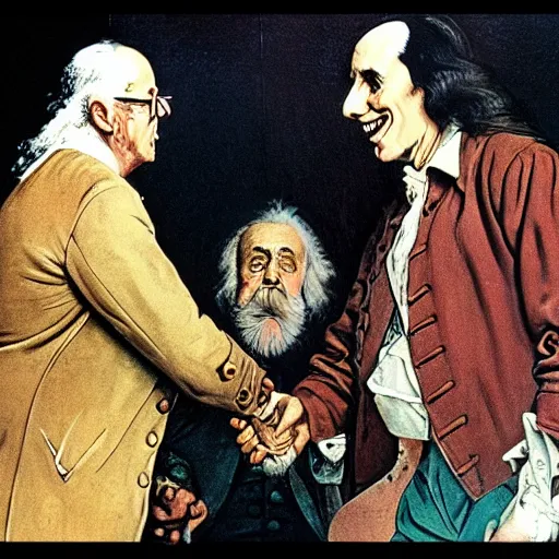 Image similar to norman rockwell painting of 1 7 7 6 ben franklin shaking hands with 3 0 - year - old, virile dracula