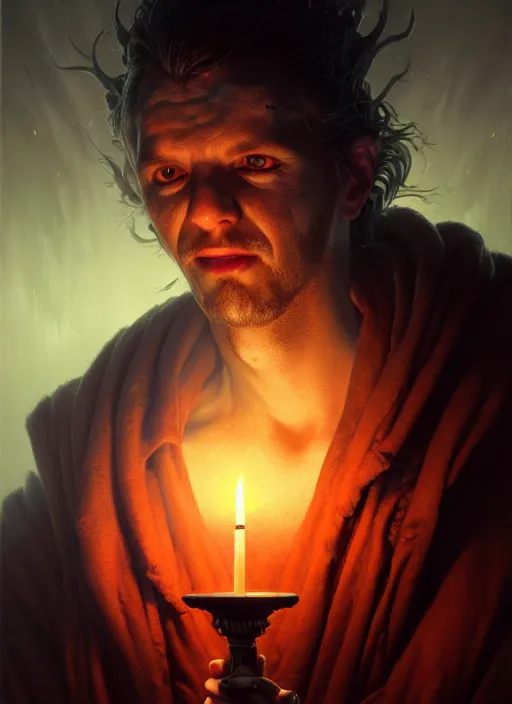 Image similar to closeup realistic portrait of a male necromancer, backlit, candlelit, oil painting, concept art, filip hodas, john howe, mike winkelmann, jessica rossier, andreas rocha, bruce pennington, albert bierstadt, peter mohrbacher, donato giancola, joseph christian leyendecker, wlop, boris vallejo