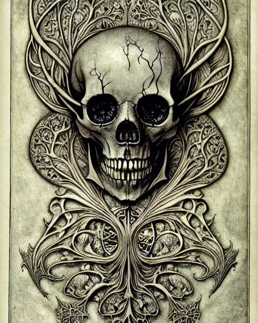 Image similar to memento mori by arthur rackham, art forms of nature by ernst haeckel, exquisitely detailed, art nouveau, gothic, ornately carved beautiful skull dominant, intricately carved antique bone, art nouveau botanicals, ornamental bone carvings, art forms of nature by ernst haeckel, horizontal symmetry, arthur rackham, ernst haeckel