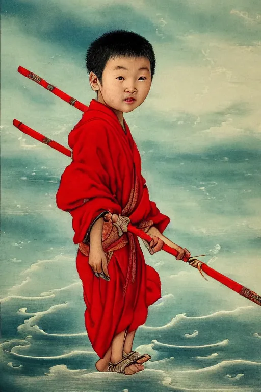 Image similar to a masterpiece portrait of legendry nezha flies riding on the wind fire wheels across the sea, water everywhere, chinese mythology, chinese male child, cute face, side view, red cloth around his shoulders, hold spear, cinematic, fantasy character portrait, highly detailed, by ne zha ( 2 0 1 9 ), fenghua zhong, bob byerley