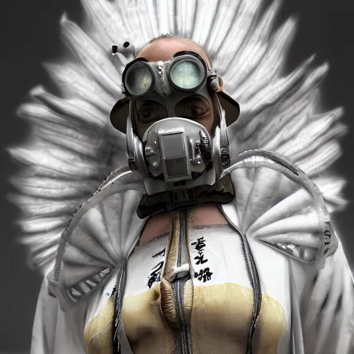 Prompt: japanese solarpunk model in a ceremony with extremely detailed respirators and head gear, inspired by die antwoord beautiful, hand painted textures, cloth physics, deviantart, karol bak, masamune shirow, black and white, beautiful kawaii lighting, photorealistic, concept art, perfect render, 3 d render, pixar, 8 k