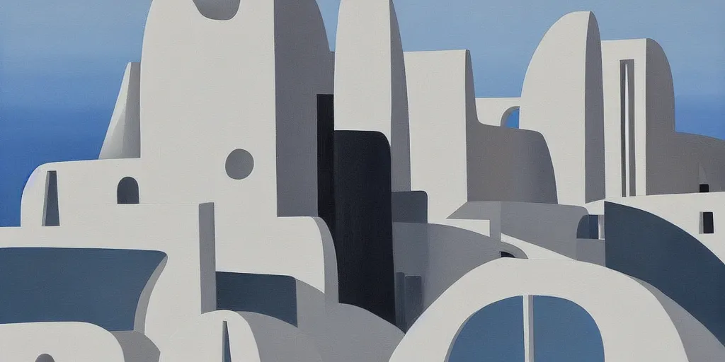 Image similar to a painting of abstract buildings like santorini by zaha hadid and yves tanguy