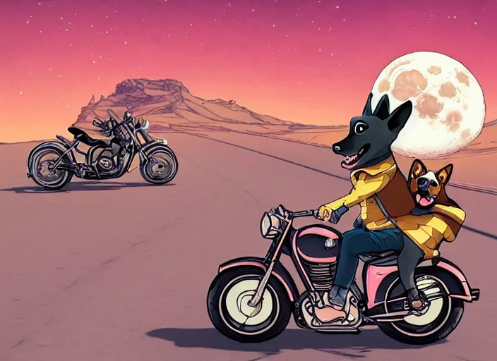 Image similar to a cell shaded cartoon corgi riding a motorcycle, with a big head, on a desert road, wide shot, in front of a big moon, muted colors, post grunge, josan gonzales, wlop, by james jean, victor ngai, hq, deviantart, art by artgerm