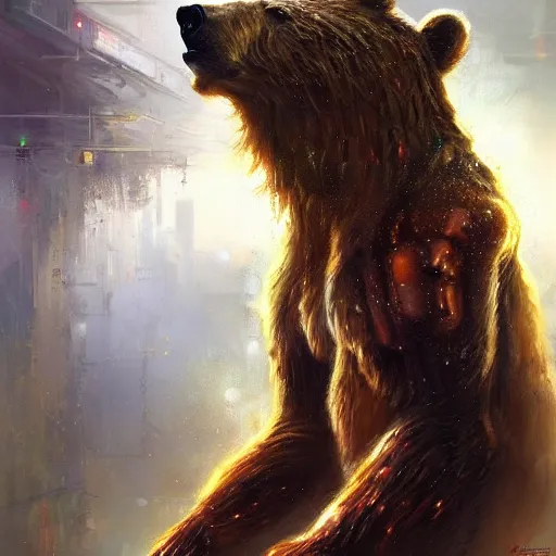 Image similar to stunning portrait of a brown bear, painting by Raymond Swanland, cyberpunk, sci-fi cybernetic implants hq