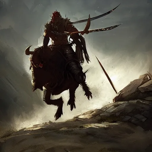 Prompt: Walter white as a dark fantasy warrior riding an armored yak, made by Greg Rutkowski