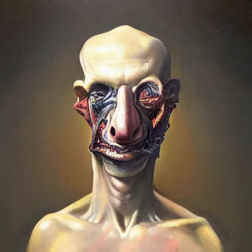 Image similar to oil painting by christian rex van minnen of a portrait of an extremely bizarre disturbing mutated man with intense chiaroscuro lighting perfect composition masterpiece strangely beautiful