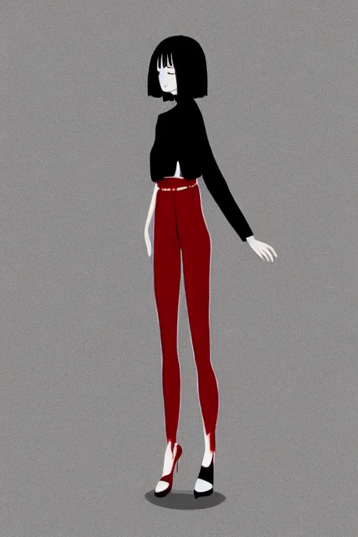 Prompt: portrait of a girl in long pants and a top, hands in pockets, eyes closed, red color heart shaped tattoo on the right hand, bob haircut, digital art, black and white, minimalistic illustration by junji ito and kaoru mori