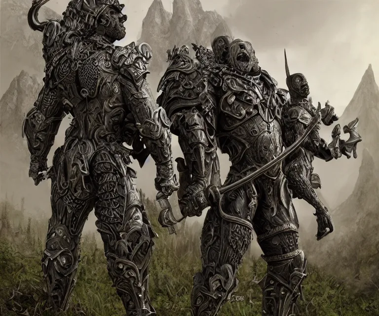 Image similar to trailcam footage grotesque horrific stylistic vray 3 d render of silver ornate armor slim bodybuilder handsome warriors, mountains and giant gothic abbeys, hyperrealism, fine detail, 8 k, artsation contest winner, cgsociety, fantasy art, cryengine, brush strokes, oil canvas by mandy jurgens and michael whelan