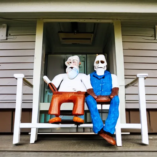 Prompt: tired miniature bearded old man and his giant skeleton wife sit in rocking chairs on on the porch of their house, 8mm photography