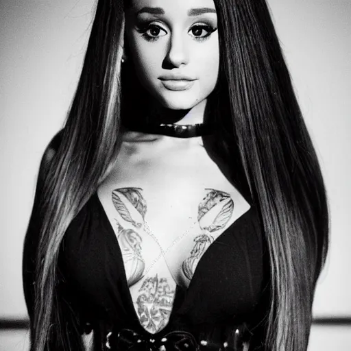 Prompt: ariana grande recursive photo beautiful ariana grande photo bw photography 130mm lens. ariana grande backstage photograph posing for magazine cover. award winning promotional photo. !!!!!COVERED IN TATTOOS!!!!! TATTED ARIANA GRANDE NECK TATTOOS. Zoomed out full body photography. very very very detailed.