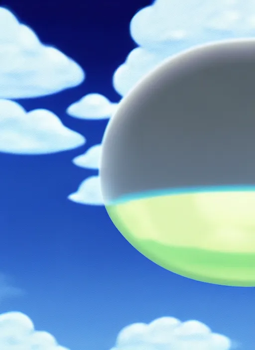 Image similar to an asymmetrical cell - shaded studio ghibli concept art study of a grey cube inside a bubble in the sky. wide shot, very dull colors, hd, 4 k, hq