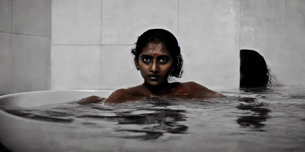 Prompt: sri lankan young woman in a bath tub, film still, thriller movie style