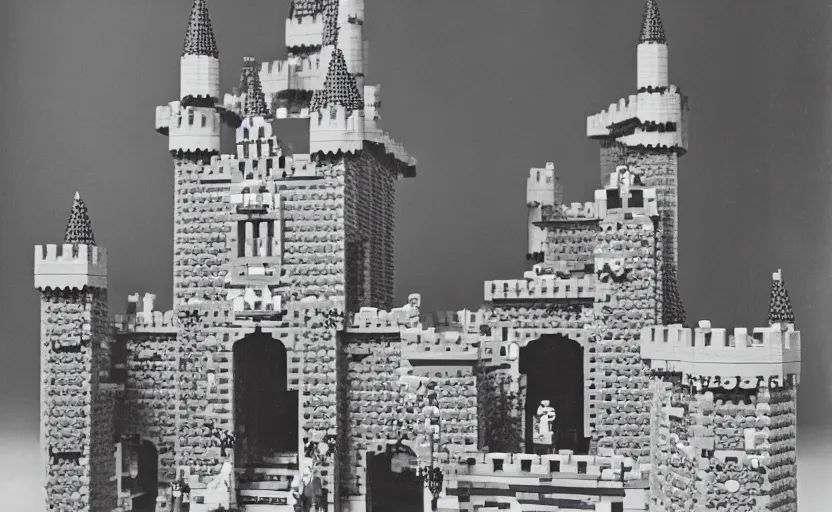 Image similar to an old black-and-white photograph of a Lego castle