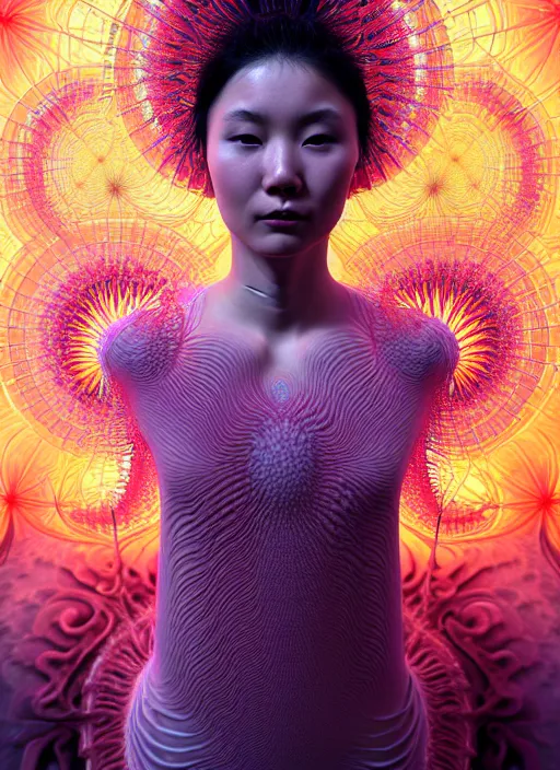 Prompt: ridiculously beautiful young asian woman tripping by irakli nadar, several layers of 3 d coral and light fractals radiating behind with sacred geometry, epic orgasm, cosmic, natural, awakening, symmetrical, in the style of ernst haeckel and alex grey, effervescent, warm, photo realistic, epic and cinematic