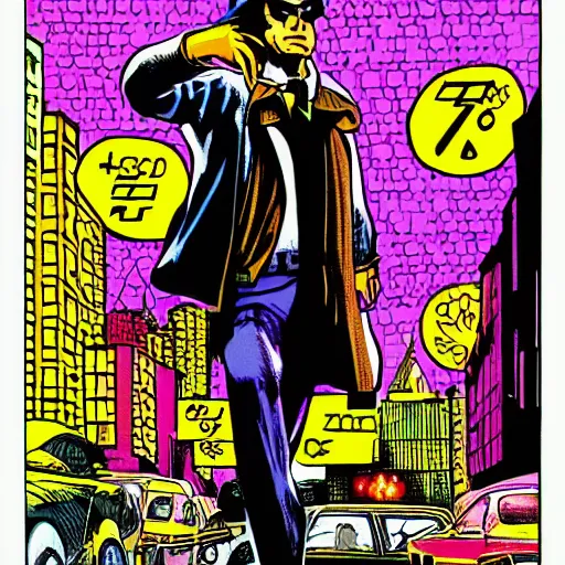 Image similar to psychedelic 7 0 s comic book style, detective in a trenchcoat in densely packed city street