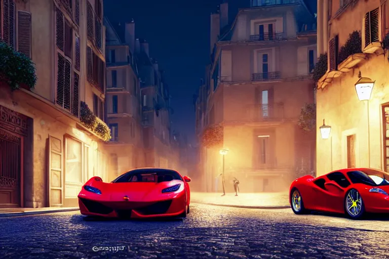 Image similar to a wholesome animation key shot of one focused ferrari, dynamic, on an ancient paris street, photo taken at night, wide shot, studio ghibli, pixar and disney animation, sharp, very detailed, high resolution, rendered in unreal engine 5, anime key art by greg rutkowski, overcast lighting, dark