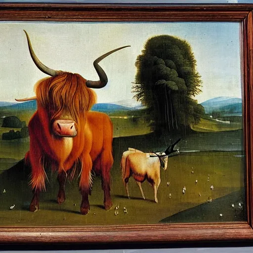 Prompt: oil painting by hieronymous bosch of a highland cow in a meadow at dawn.