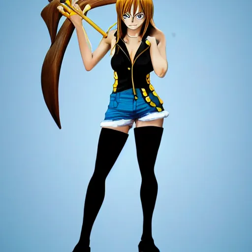 Image similar to A full body portrait of emma watson as Nami from one piece holding a trident in one hand, 3d, trending artstation, perfect faces