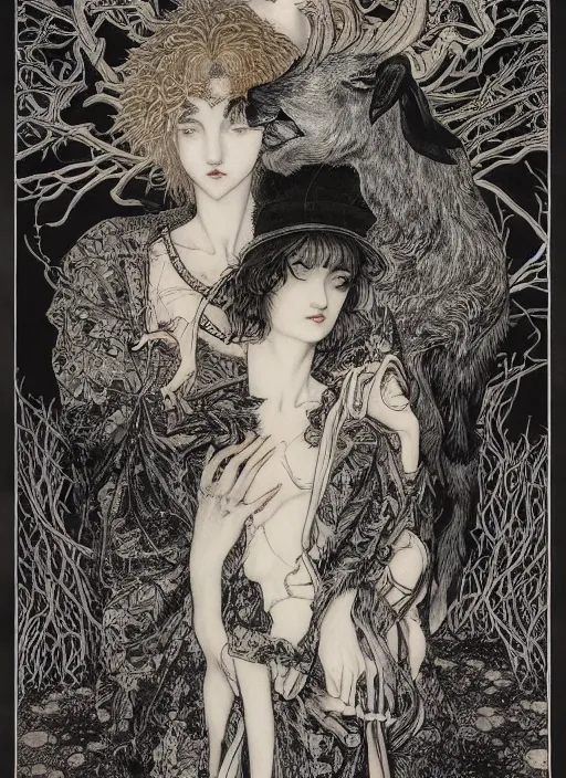 Image similar to boy, girl and a goat, by austin osman spare and Takato Yamamoto and Vania Zouravliov, high resolution