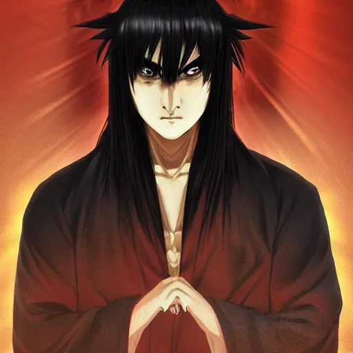 Image similar to demon martial artist, handsome japanese demon boy, young adult yokai with long spiky black hair, vampire, vantablack gi, simple clothes, red eyes, ultra realistic, intricate details, highly detailed, subsurface scattering, photorealistic, octane render, 8 k, art by artgerm, greg rutkowski, magali villeneuve, alphonse mucha