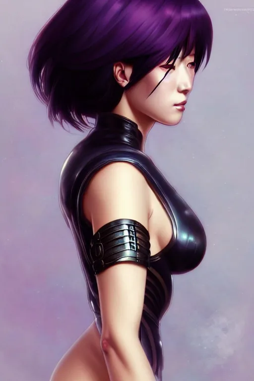 Image similar to beautiful motoko kusanagi, dark fantasy, intricate, elegant, highly detailed, digital painting, artstation, concept art, matte, sharp focus, illustration, art by artgerm and alphonse mucha