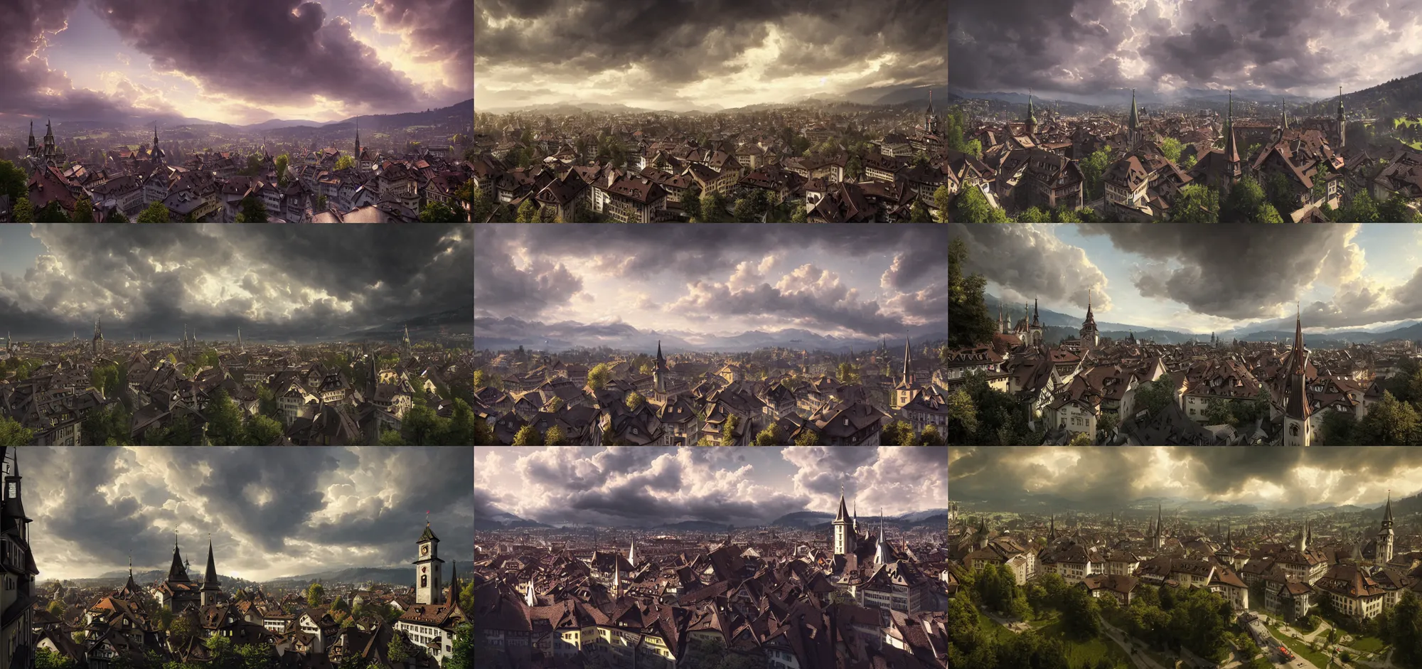 Prompt: beautiful render of bern switzerland, unreal engine, first light, very detailed, medieval, dramatic clouds, soft light, by greg rutkowski, cgsociety