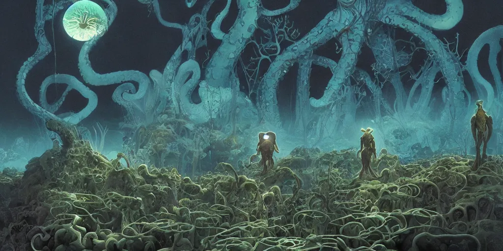Prompt: highly detailed illustration of a tiny figure standing before an alien cephalopod in a world overgrown with fungus and spores, diffuse lighting, fog, stunning atmosphere, religious imagery, huge gargantuan black sun, nausicaa, muted colors, by roger dean, kilian eng and james jean