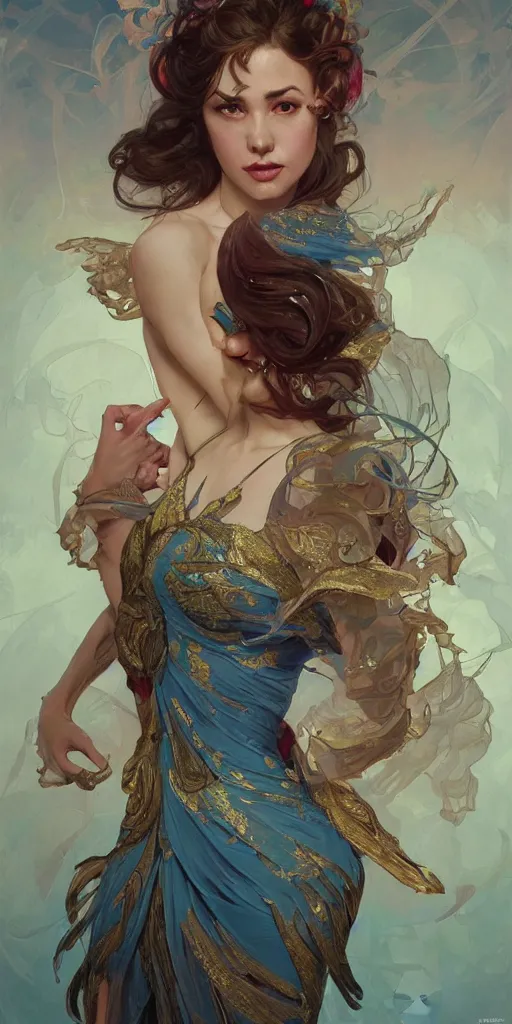 Image similar to portrait of tragedy, expressive pose, acrobatic, rainbow eyes, ornate frilly dress, fantasy, intricate, elegant, highly detailed, digital painting, artstation, concept art, smooth, sharp focus, illustration, art by artgerm and greg rutkowski and alphonse mucha, octane render