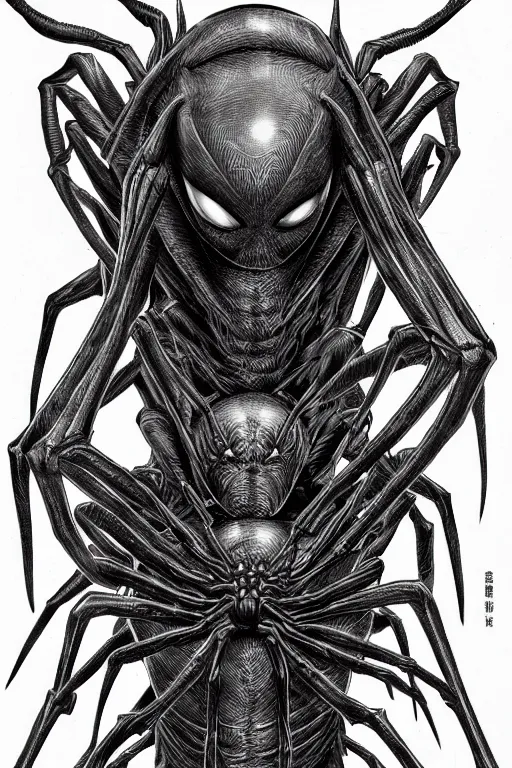 Image similar to spider humanoid figure monster, symmetrical, highly detailed, digital art, sharp focus, trending on art station, kentaro miura manga art style