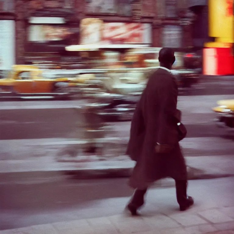 Prompt: analog medium format film motion blur portrait of walking man in harlem, 1 9 6 0 s hasselblad film street photography, featured on unsplash, photographed on vintage expired colour film