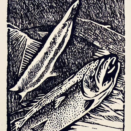 Prompt: linoprint of a salmon breaking ice ex libris