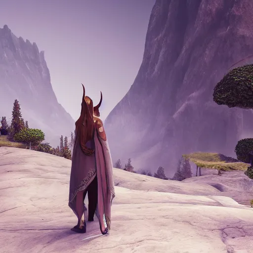 Prompt: Elven citizen, white cloak, satchel, standing in a valley, digital art, 4k, unreal engine, high quality render