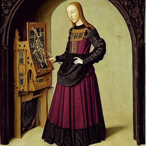 Prompt: 1 4 0 0 s renaissance portrait of an android woman astronaut in formal medieval garden, with oil painting by jan van eyck, northern renaissance art, oil on canvas, wet - on - wet technique, realistic, expressive emotions, intricate textures, illusionistic detail