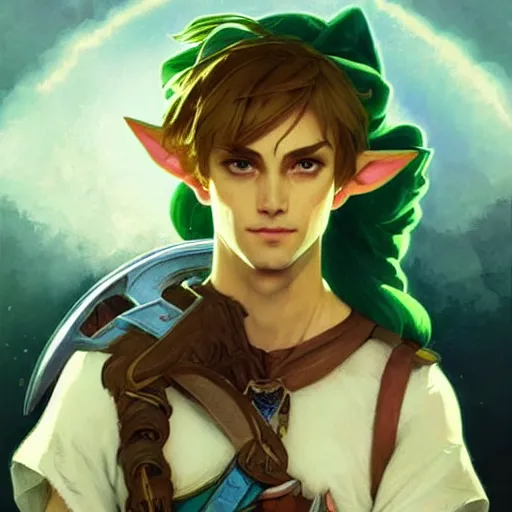 Image similar to Stunning portrait of Link from the Legend of the Zelda with cat ears. Art by Greg Rutkowski and Alphonse Mucha