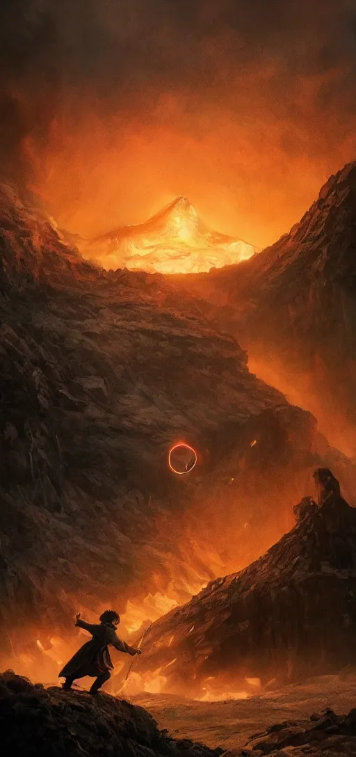 Image similar to Frodo throwing the ring of power into the fires of Mount Doom, dynamic lighting, cinematic, establishing shot, extremly high detail, foto realistic, cinematic lighting, post processed, concept art, artstation, matte painting, style by ghibli, myazaki