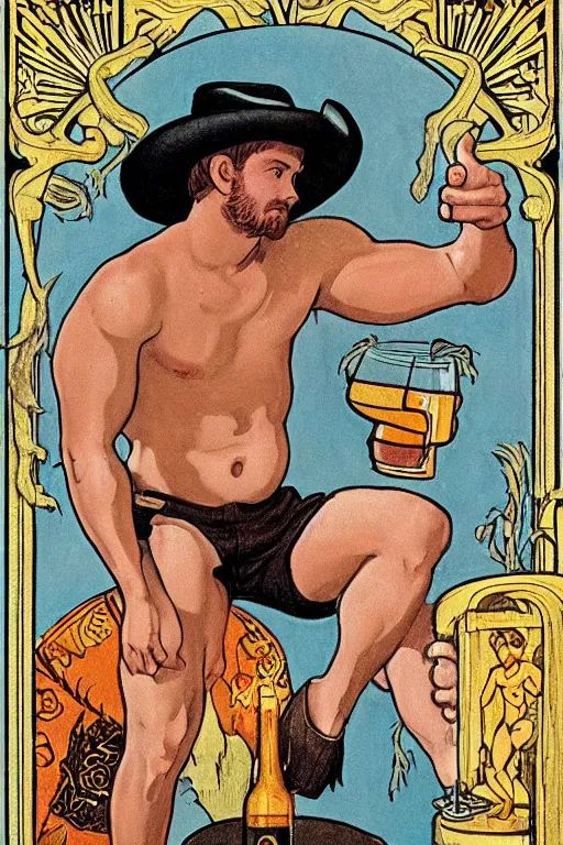 Prompt: a beautiful tarot! card of a handsome shirtless cowboy wearing cowboy hat and boots with a chunky build muscular legs and beer belly next to a campfire, homoerotic!, art deco!, art nouveau, by Walter Crane, by Mark Maggiori, trending on artstation