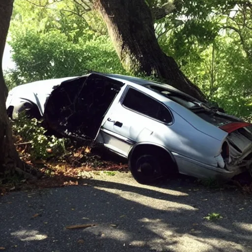 Prompt: The car from outrun gane crashed into a tree