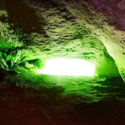 Prompt: a mysterious green light emanating from a cave entrance