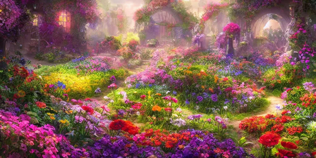 Image similar to beautiful fantasy flower garden, saturated, detailed lighting, high quality, sharp focus, intricate, digital painting, artstation, 4k