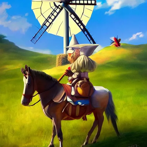 Image similar to portrait of don quixote sitting on a pikachu, windmill, summer, sun in the zenith, digital art, highly detailed, stunning scene, realism, stunning scene, bright colors, trending on artstation, masterpiece