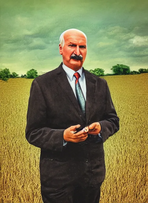 Image similar to digital portrait of a person looking like alexander lukashenko ruling tractor in fields, hot sun, photo realism