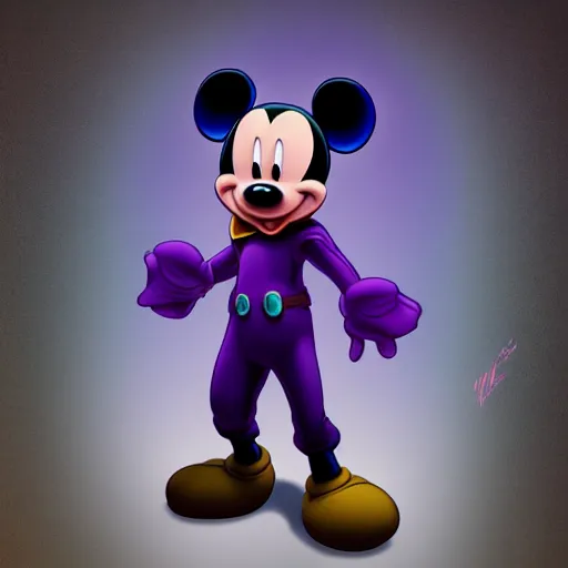 Image similar to Mickey Mouse with Thanos outfit and the infinity glove, full body portrait, cinematic, digital art, trending on artstation, illustration